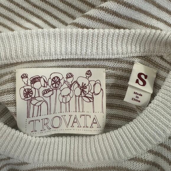 Trovata Women's Cream and Tan Striped Lightweight Cotton Sweater sz S Small Spot - Picture 7 of 8